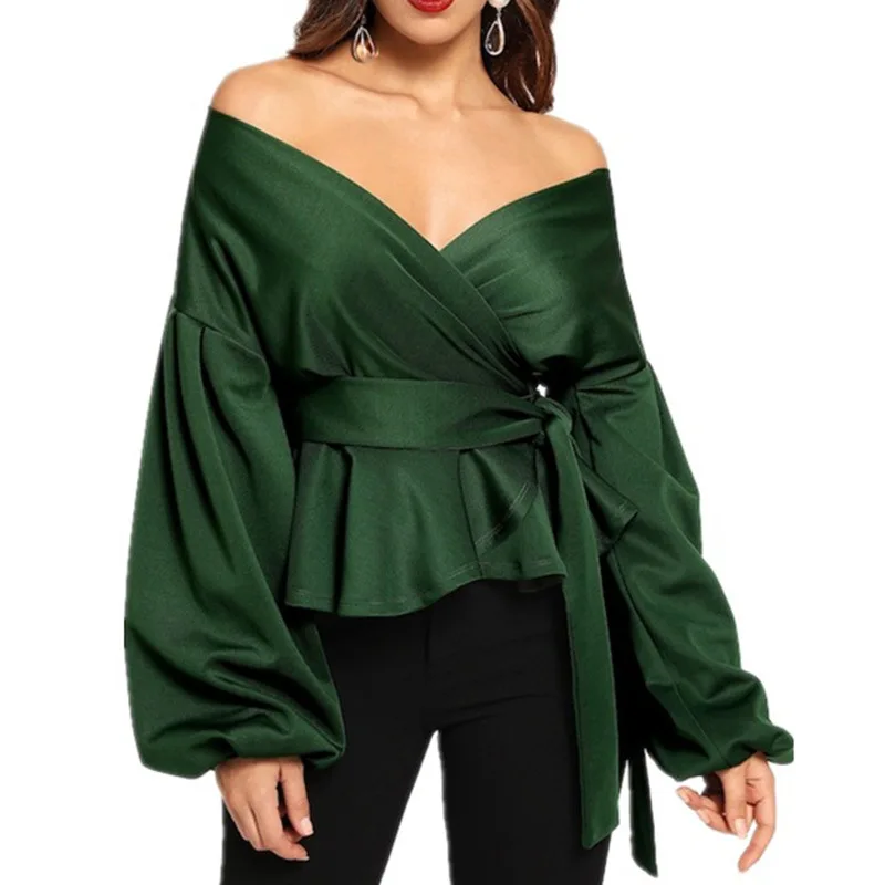 Women Long Sleeve Blouses Shirt Sexy Strapless Deep V-Neck Blouses Lantern Sleeve Bow Belt Bandage Tops Casual Tee blouse femme
Women Long Sleeve Blouses Shirt Sexy Strapless Deep V-Neck Blouses Lantern Sleeve Bow Belt Bandage Tops Casual Tee blouse femme
