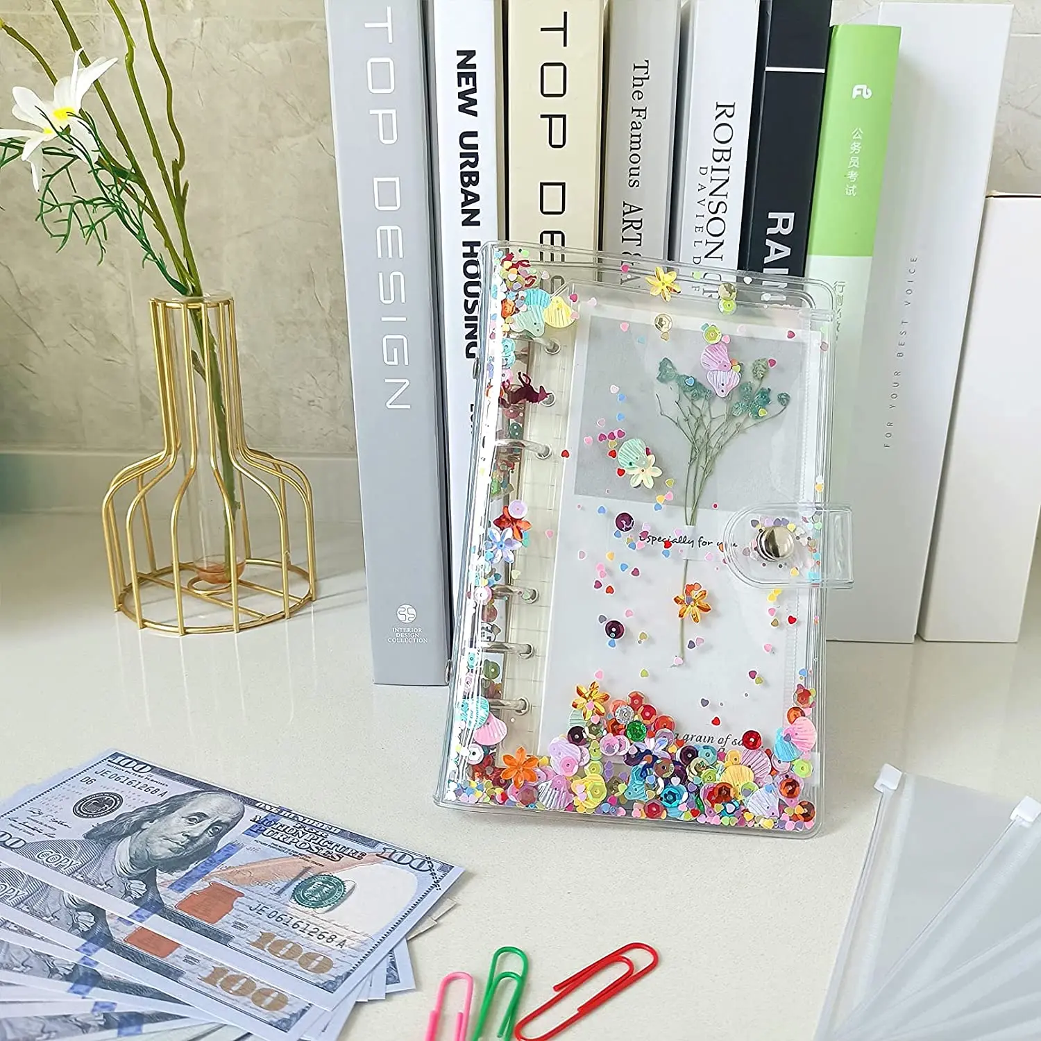 A6 Budget Binder Cover Glitter Sequins Shells Cash Envelopes with 12pcs Clear PVC Loose Leaf Bags,2 Self-adhesive Label ,A Ruler
A6 Budget Binder Cover Glitter Sequins Shells Cash Envelopes with 12pcs Clear PVC Loose Leaf Bags,2 Self-adhesive Label ,A Ruler
