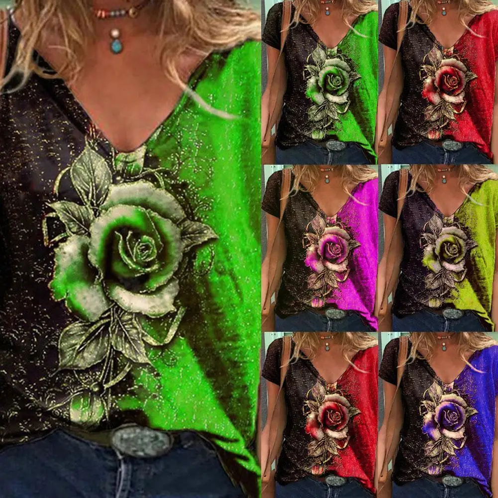 Summer Women V Neck Floral Rose Printed Short Sleeve Casual Top Size Plus Ladies Tshirt Streewear Loose Shirt Pullover Clot O3e9
Summer Women V Neck Floral Rose Printed Short Sleeve Casual Top Size Plus Ladies Tshirt Streewear Loose Shirt Pullover Clot O3e9