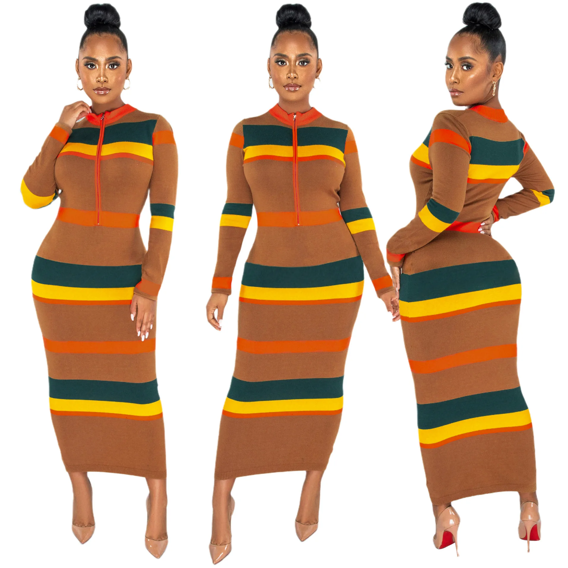Women Sexy O-neck Bodycom Dresses Multicolor Striped Long Sleeve Zipper Bag-hip Ankle-length Maxi Dress Fashion Slim Vestidos
Women Sexy O-neck Bodycom Dresses Multicolor Striped Long Sleeve Zipper Bag-hip Ankle-length Maxi Dress Fashion Slim Vestidos