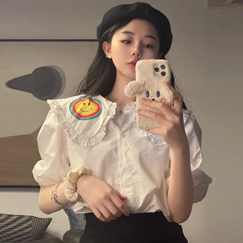 Japanese Sweet White Pink Women Blouse Shirt For Tops Spring Summer Soft Girly Peter Pan Collar Ruffles Cartoon Printed Shirts
Japanese Sweet White Pink Women Blouse Shirt For Tops Spring Summer Soft Girly Peter Pan Collar Ruffles Cartoon Printed Shirts
