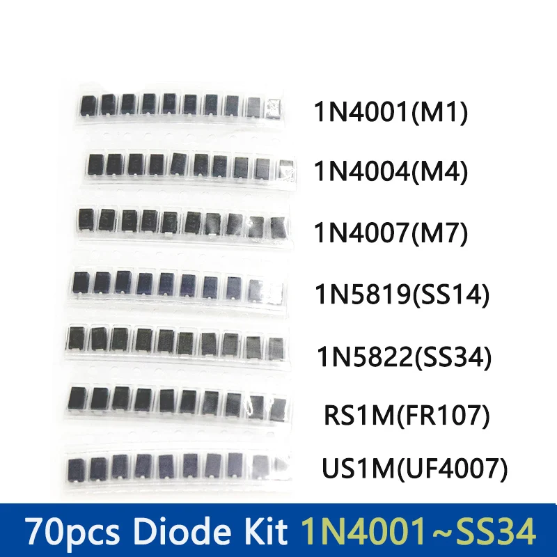 70pcs/lot SMD Diodes 1N4007 M7 1N4001 M1 1N4004 M4 SS14 US1M RS1M SS34 7 Values*10pcs Electronic kit schottky diode set pack
70pcs/lot SMD Diodes 1N4007 M7 1N4001 M1 1N4004 M4 SS14 US1M RS1M SS34 7 Values*10pcs Electronic kit schottky diode set pack