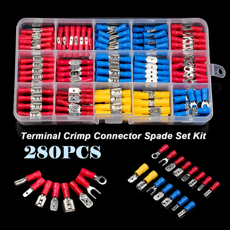 280Pcs/Box Assorted Insulated Spade Crimp Terminal Butt Electrical Wire Cold-Pressure Terminal Set Red Blue Yellow
280Pcs/Box Assorted Insulated Spade Crimp Terminal Butt Electrical Wire Cold-Pressure Terminal Set Red Blue Yellow