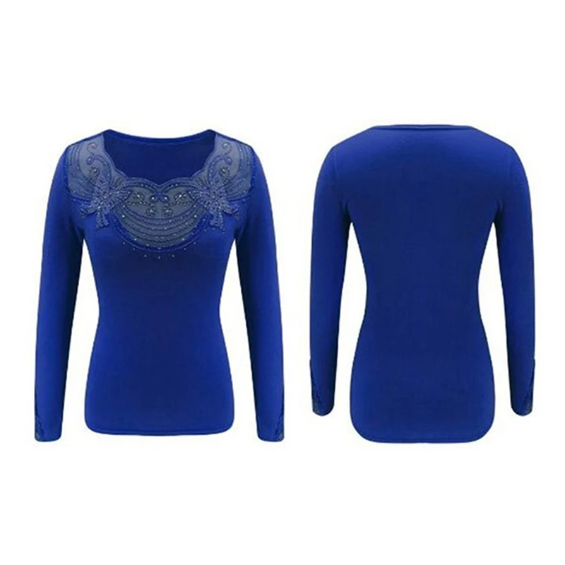 Women Long Sleeve T-Shirts Patchwork Design Lace Diamond Decor See Through O-Neck Solid Top Elegant Lady Autumn Slim Shirts
Women Long Sleeve T-Shirts Patchwork Design Lace Diamond Decor See Through O-Neck Solid Top Elegant Lady Autumn Slim Shirts