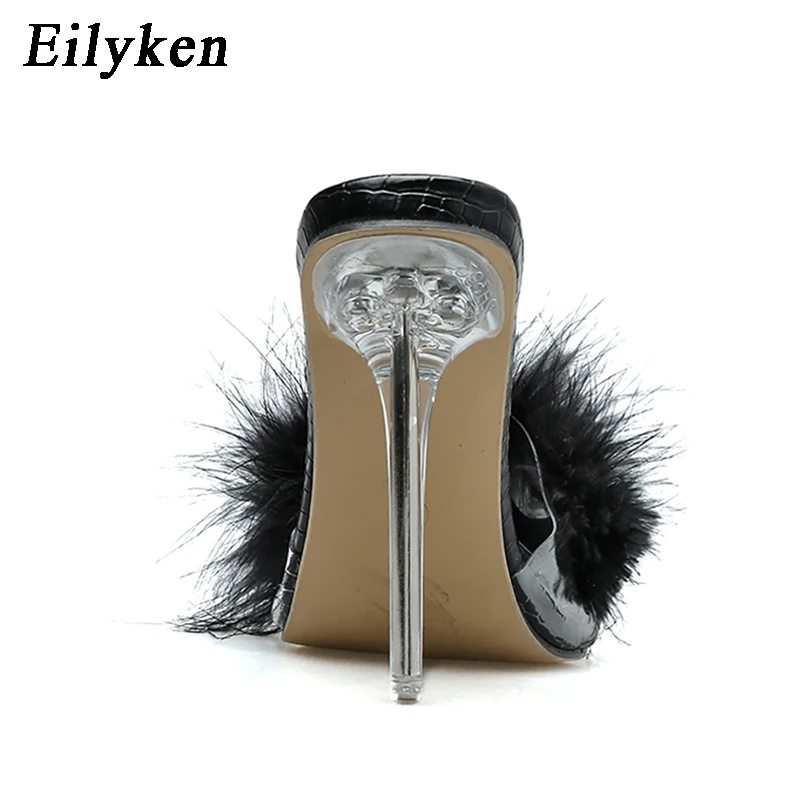 Eilyken 2022 New Transparent Crystal High heels Woman Feather Fur Slippers Pumps Women Peep toe Mules Lady Slides White | Обувь