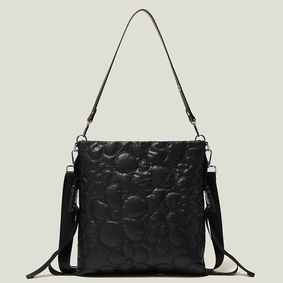 

Fashion Black Nylon Flower Tote Women's Quilted Padded Handbags High Quality Shoulder Bag Ladies Shopper Fluffy Underarm Bags
