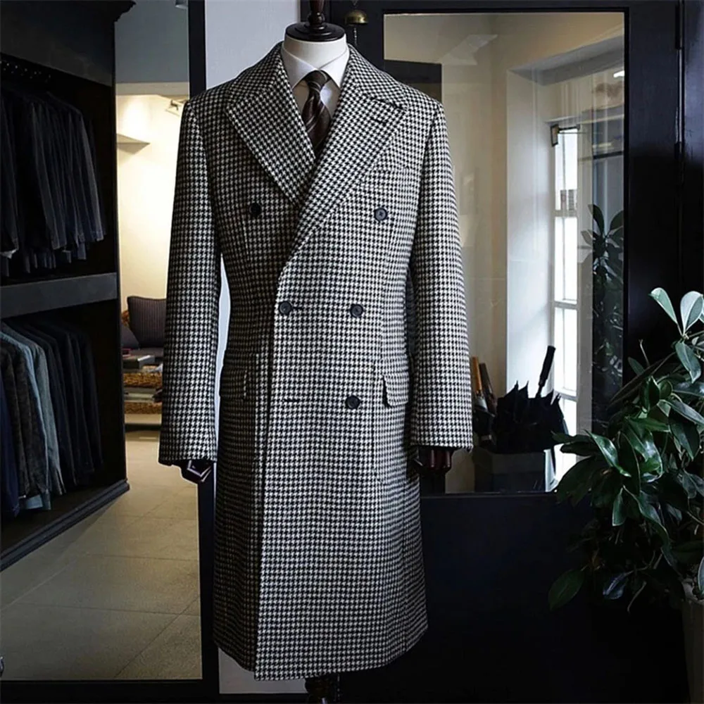 

Tweed Male Fashion Clothing Wool Blend Mens Suits For Wedding Blazer Custom Made Houndstooth Slim Fit Overcoat 2021 Long Jacket