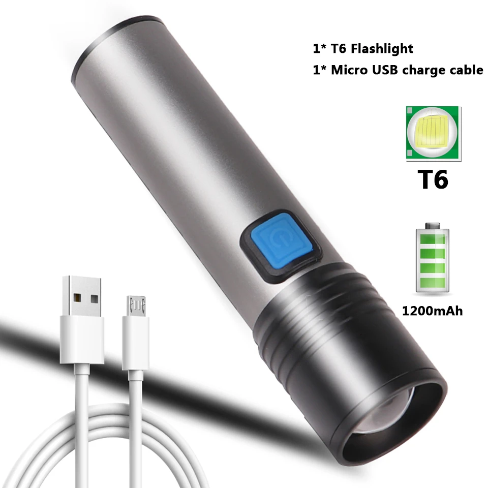 Portable Flashlights T6 LED Lamp Built in 18650 Battery USB Chargeable Zoom Torch 3 Modes Waterproof Flash Light for Outdoor
Portable Flashlights T6 LED Lamp Built in 18650 Battery USB Chargeable Zoom Torch 3 Modes Waterproof Flash Light for Outdoor