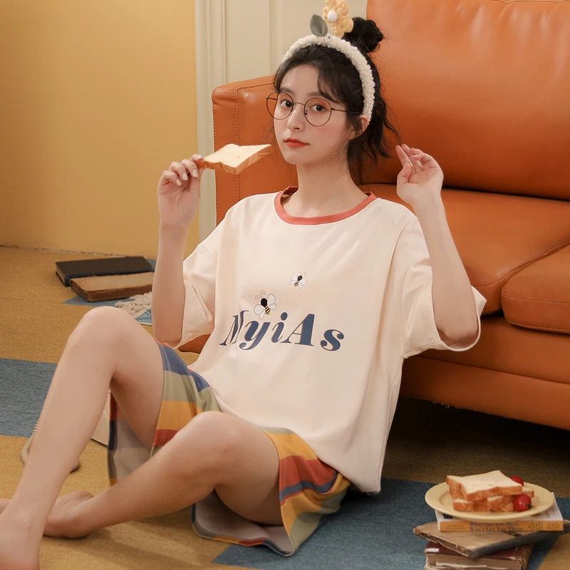 Fashion Color Stripes Shorts Women's Homewear Cute O-Neck Girl Sleepwear Plus Size Summer Casual Short Sleeve Letter Pajamas Set
Fashion Color Stripes Shorts Women's Homewear Cute O-Neck Girl Sleepwear Plus Size Summer Casual Short Sleeve Letter Pajamas Set