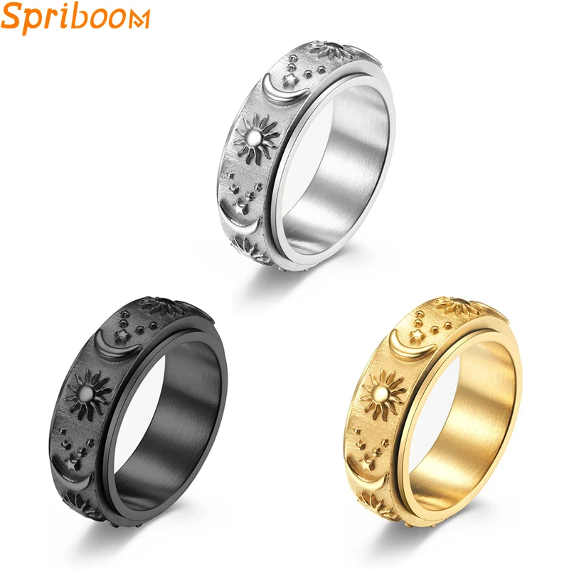 

Retro Stainless Steel Spinner Ring for Men Women Rotatable Sun Moon Anillos Anti Stress Anxiety Rings Luxury Fidget Jewelry Gift