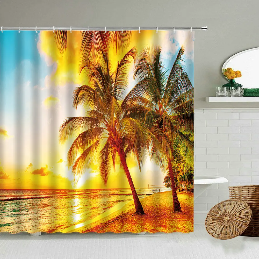 

Seaside Sunset Beach Scenery 3D Waterproof Shower Curtain Coconut Tree Summer Vacation Nature Photography Bathroom Cloth Screen