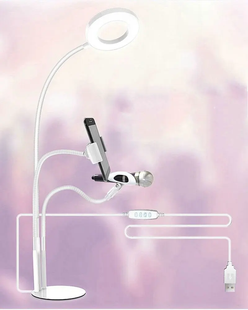 3 in 1 Foods Merchandise Shooting Selfie Ring Fill Light Lamp with Phone Clip & Mic Holder Stand f/Makeup Live Stream Broadcast |