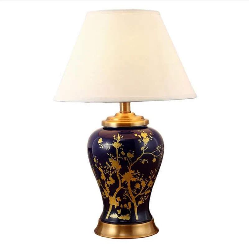 

Luxurious Pastoral Ceramic Table Lamp for Foyer Bed Room Study Decor Blue Porcelain Gold Painting Desk Reading Light H 65cm 2506