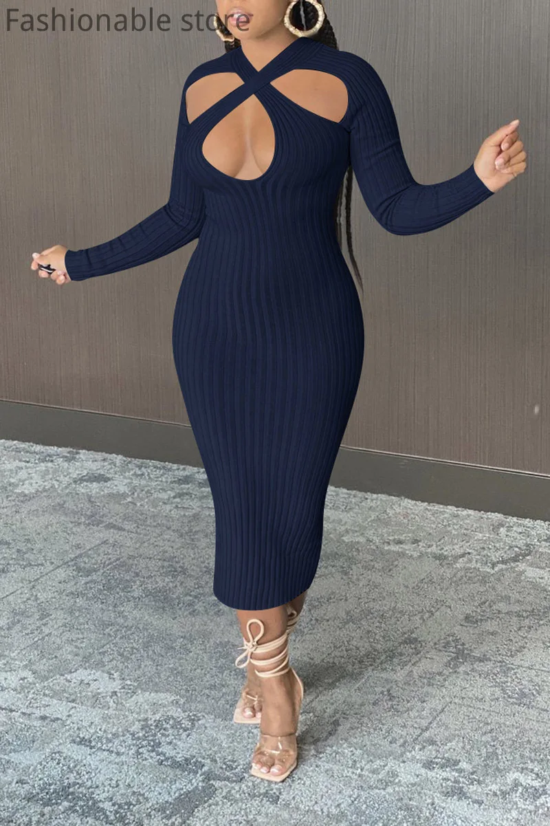 Women Criss-Cross Halter Hollow Long Sleeve Bodycon Dress Knitted Fabric Midi Dress
Women Criss-Cross Halter Hollow Long Sleeve Bodycon Dress Knitted Fabric Midi Dress