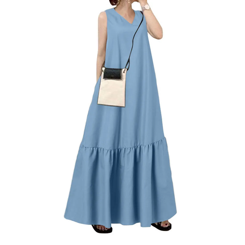 Women Summer Sleeveless Maxi Length Dress Ladies Fashion Plain A-line Pullover Casual Swing Long Dress V Neck Female Clothes
Women Summer Sleeveless Maxi Length Dress Ladies Fashion Plain A-line Pullover Casual Swing Long Dress V Neck Female Clothes