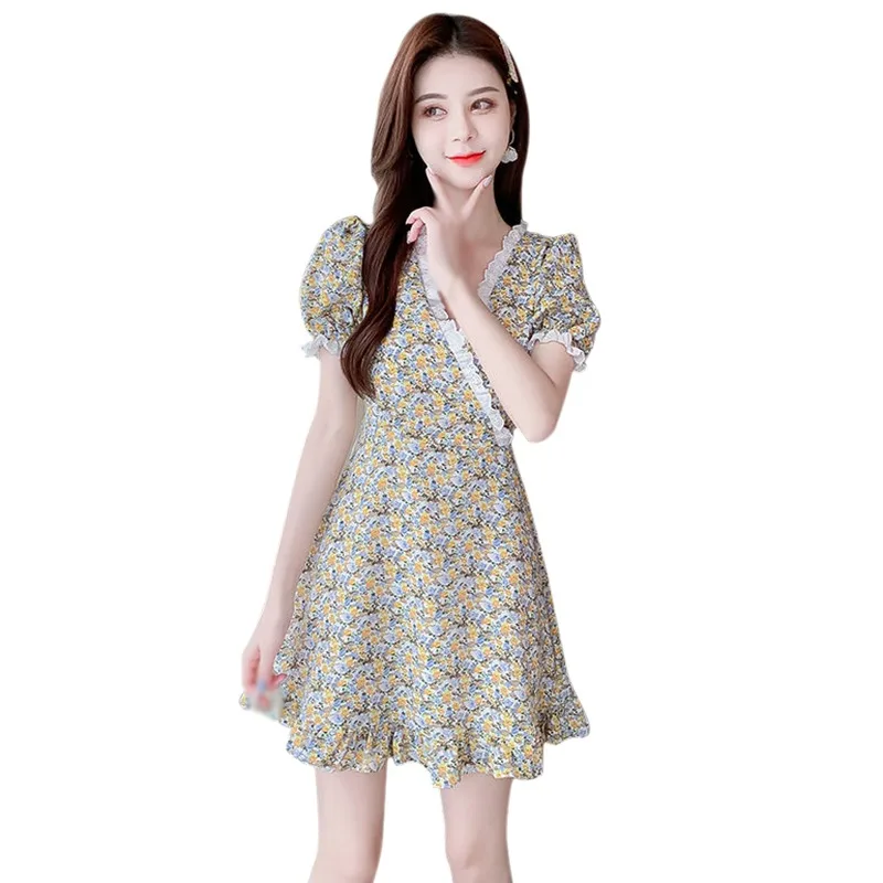Summer Korean Women Style Net Red Retro Dress Elegant V-Neck Puff Sleeve Tighten Waist Floral Dress Femme vestido de mujer 
Summer Korean Women Style Net Red Retro Dress Elegant V-Neck Puff Sleeve Tighten Waist Floral Dress Femme vestido de mujer