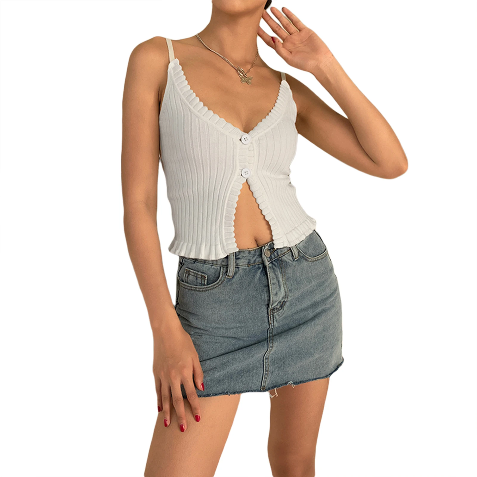 2021 Summer Female Camisole, Solid Color V-Neck Ruffled Vest Sleeveless Crop Tops with Buttons for Adults, White, S/M/L
2021 Summer Female Camisole, Solid Color V-Neck Ruffled Vest Sleeveless Crop Tops with Buttons for Adults, White, S/M/L
