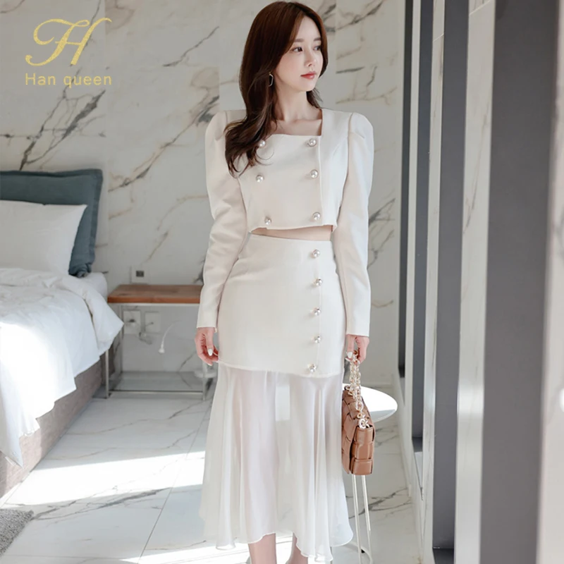 H Han Queen Women Autumn High Waist Sheath Mermaid Suit skirt Work 2 Pieces Set Korean Double-breasted Chiffon White Simple Sets
H Han Queen Women Autumn High Waist Sheath Mermaid Suit skirt Work 2 Pieces Set Korean Double-breasted Chiffon White Simple Sets