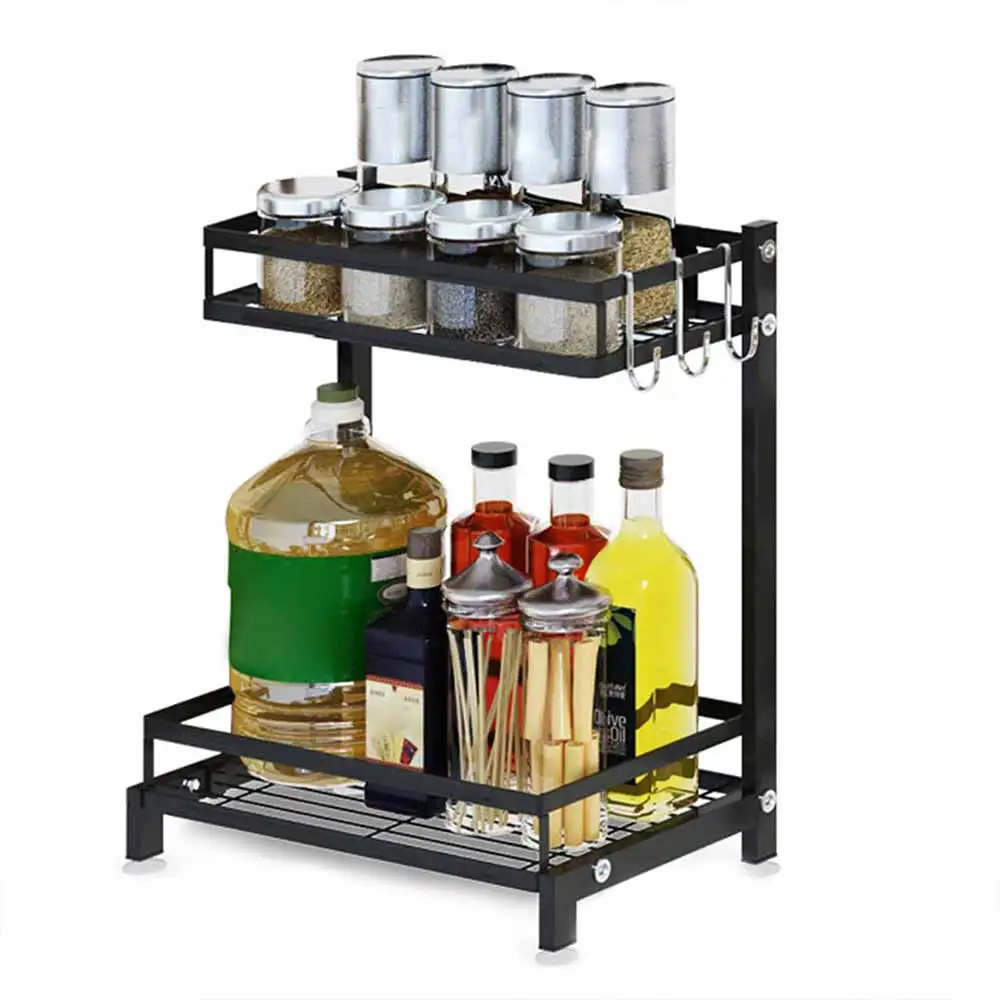 Standing Spice Rack 2 Tier Spice Bottle Jars Storage Shelf with 3 Hooks Perfect for Holding Kitchen Utensil
Standing Spice Rack 2 Tier Spice Bottle Jars Storage Shelf with 3 Hooks Perfect for Holding Kitchen Utensil