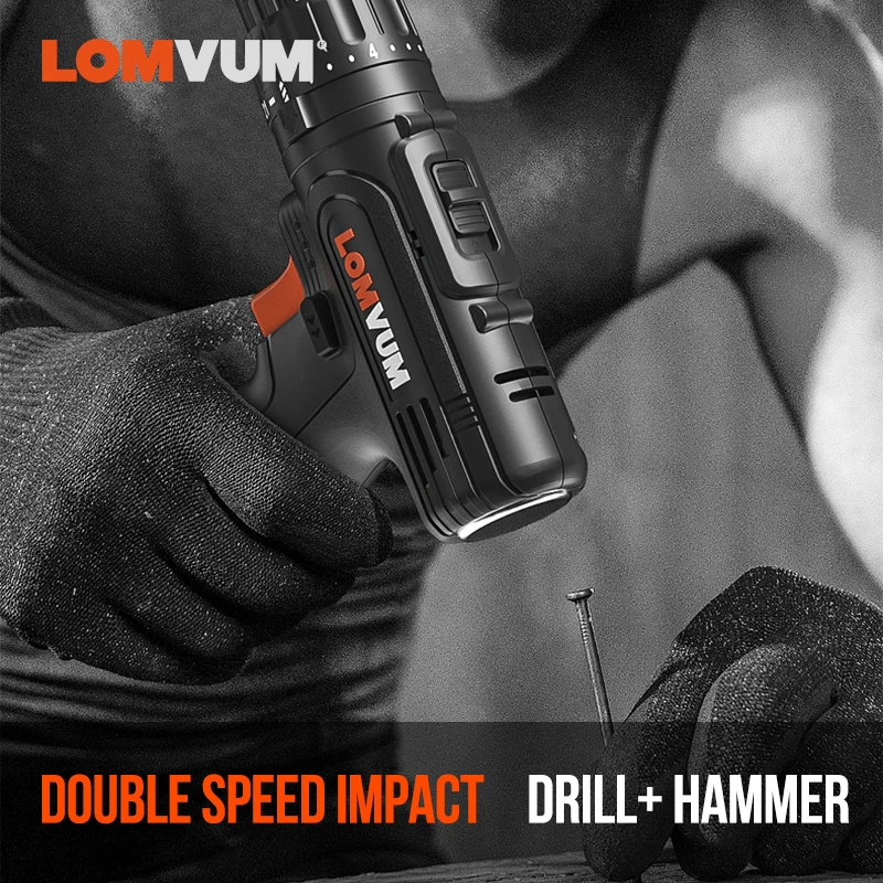 LOMVUM Electric Drill Hammer Rechargeable Lithium Battery Double Speed Cordless Screwdrivers Impact Drill Furadeira Power Tools
LOMVUM Electric Drill Hammer Rechargeable Lithium Battery Double Speed Cordless Screwdrivers Impact Drill Furadeira Power Tools