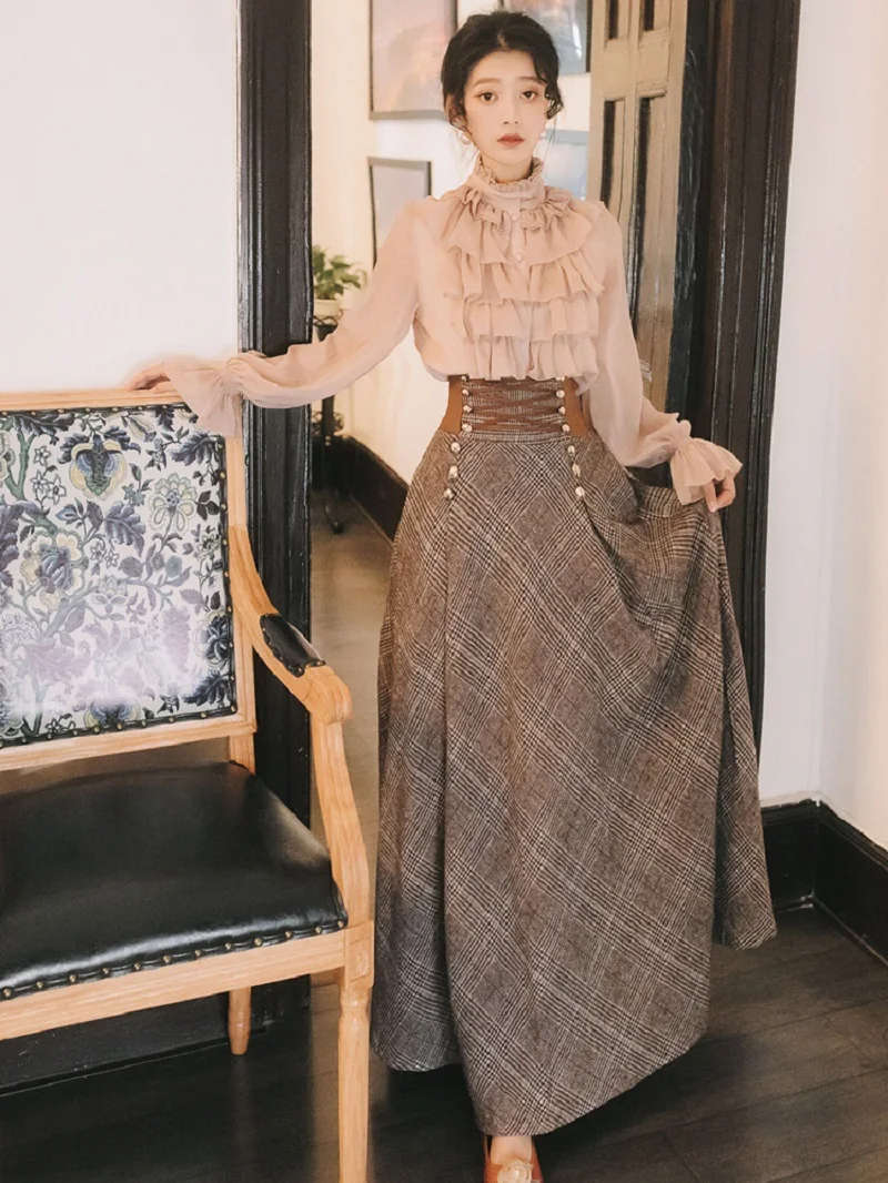 Vintage Palace Women Long Lantern Sleeve Ruffle Blouse+England Plaid High Waist Bandage Maxi Skirt 2PCS Women Autumn Skirt Sets
Vintage Palace Women Long Lantern Sleeve Ruffle Blouse+England Plaid High Waist Bandage Maxi Skirt 2PCS Women Autumn Skirt Sets