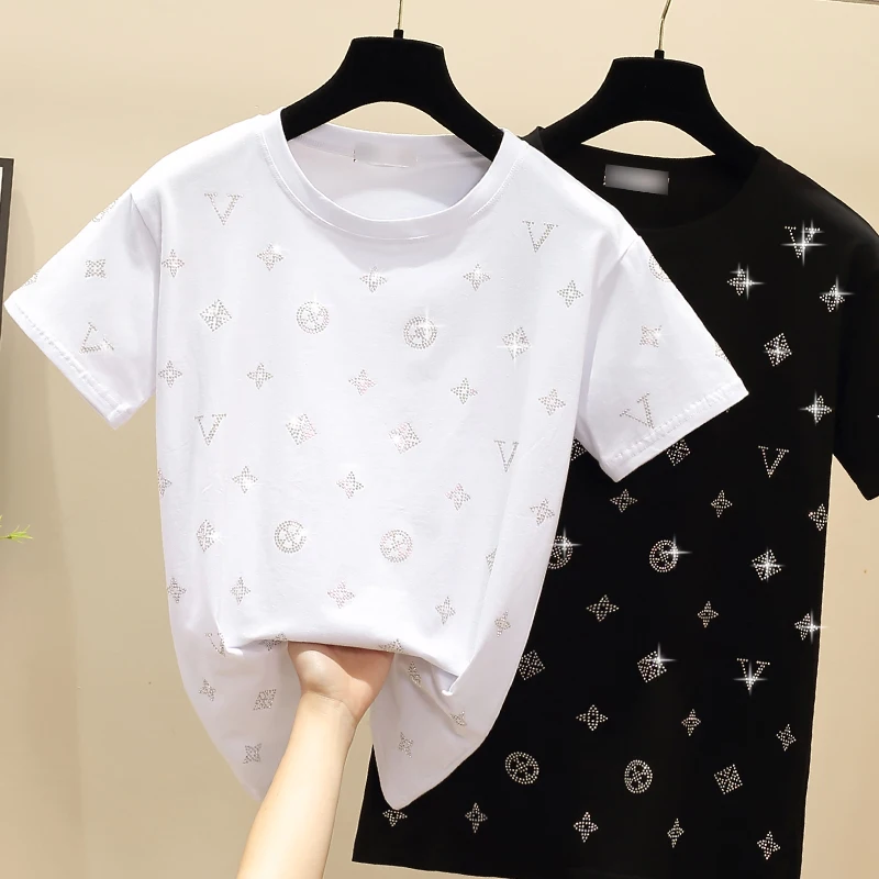 New Style Loose Short-sleeved Fashion Simple Blouse Solid Color Printing Hot Diamond T-shirt Women
New Style Loose Short-sleeved Fashion Simple Blouse Solid Color Printing Hot Diamond T-shirt Women