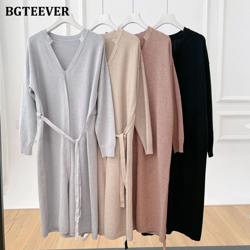 BGTEEVER Elegant V-neck Women Knitted Dress Full Sleeve Lace-up Loose Female Sweater Dress 2021 Autumn Winter Vestidos
BGTEEVER Elegant V-neck Women Knitted Dress Full Sleeve Lace-up Loose Female Sweater Dress 2021 Autumn Winter Vestidos