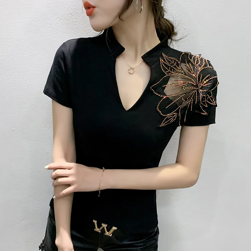 #6147 Summer Black Short Sleeve T Shirt Women Hollow Out Spliced Mesh Sexy Top V Neck Slim Casual T Shirt Female Streetwear Tee
#6147 Summer Black Short Sleeve T Shirt Women Hollow Out Spliced Mesh Sexy Top V Neck Slim Casual T Shirt Female Streetwear Tee