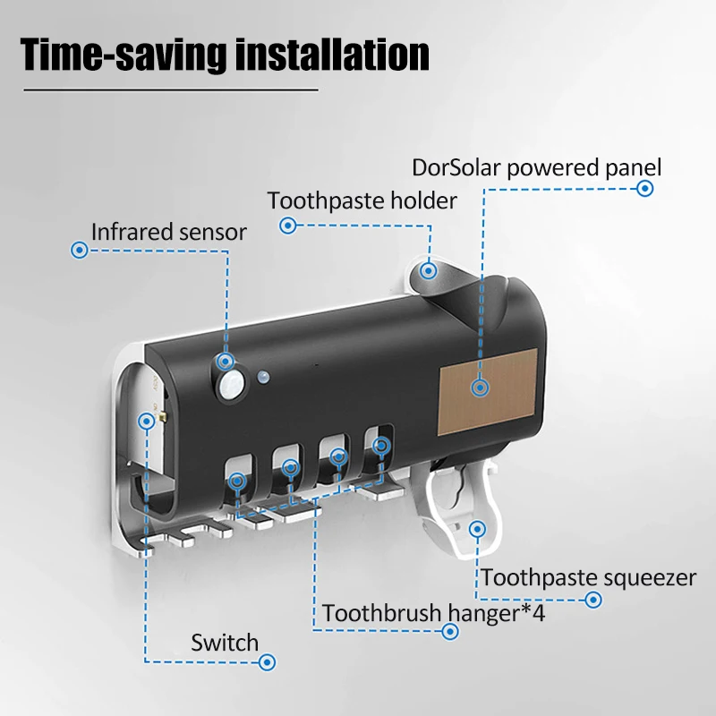 Home UV Disinfect Toothbrush Holder Toothpaste Dispenser Solar Energy Charge Bathroom Multi-function Toothbrush Storage Box
Home UV Disinfect Toothbrush Holder Toothpaste Dispenser Solar Energy Charge Bathroom Multi-function Toothbrush Storage Box