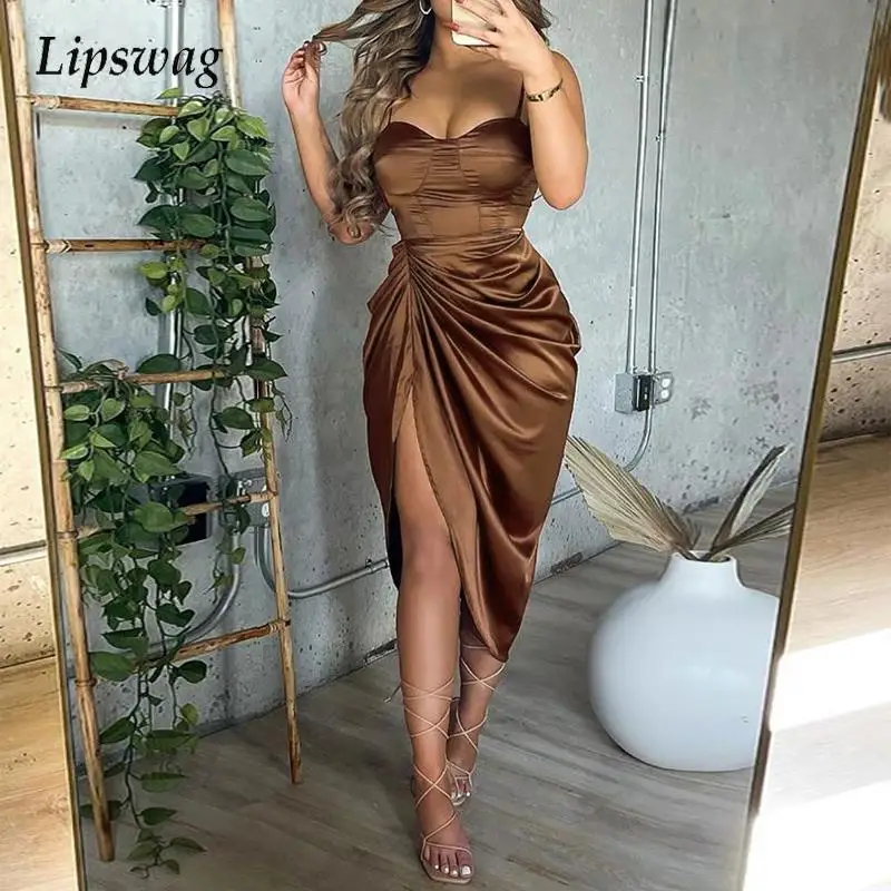 Elegant Women Sexy Slash Neck Backless High Slit Long Dress Fashion Design Chic Solid Draped Irregular Party Dresses Mujers 2022 
Elegant Women Sexy Slash Neck Backless High Slit Long Dress Fashion Design Chic Solid Draped Irregular Party Dresses Mujers 2022
