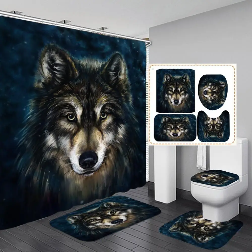 Wolf tiger leopard Print Shower Curtain 4 Piece Carpet Cover Toilet Cover Bath Mat Pad Set Bathroom Curtain with 12 Hooks
Wolf tiger leopard Print Shower Curtain 4 Piece Carpet Cover Toilet Cover Bath Mat Pad Set Bathroom Curtain with 12 Hooks