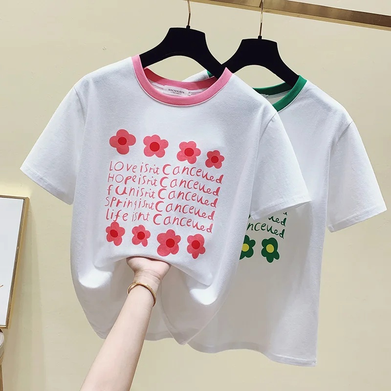 Футболка женская хлопковая с коротким рукавом и принтом в виде цветов и букв 
Футболка женская хлопковая с коротким рукавом и принтом в виде цветов и букв