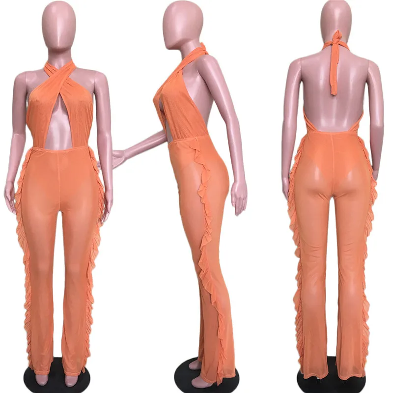 Mesh See Through Sexy Jumpsuit Women Halter Sleeveless Side Ruffles Skinny Summer Romper Hollow Out Backless Club Beach Overalls
Mesh See Through Sexy Jumpsuit Women Halter Sleeveless Side Ruffles Skinny Summer Romper Hollow Out Backless Club Beach Overalls