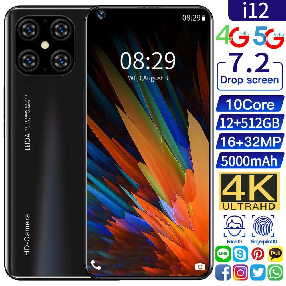 Global Version 7.2" FDH i12 Mobile Phone 12 512GB 10Core 5000MAH 32MP Camera Android 10 OS Smartphone Face Unlock Google Play
Global Version 7.2" FDH i12 Mobile Phone 12 512GB 10Core 5000MAH 32MP Camera Android 10 OS Smartphone Face Unlock Google Play