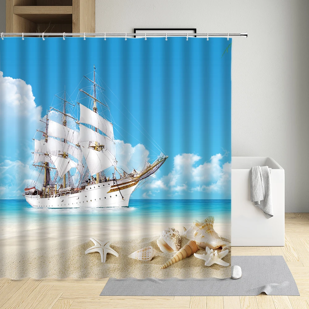 White Sailing Boat Shower Curtain Ocean Scenery Conch Leaf Home Bathroom Decor Screen With Hooks Environmental Protection Fabric
White Sailing Boat Shower Curtain Ocean Scenery Conch Leaf Home Bathroom Decor Screen With Hooks Environmental Protection Fabric