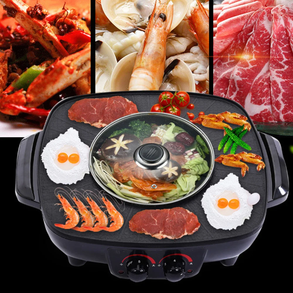 Double Control Roasting Pot Electric Barbecue Hotpot Oven Grill Teppanyaki Smokeless Hot Pot Machine BBQ Black Pot with Triangle 
Double Control Roasting Pot Electric Barbecue Hotpot Oven Grill Teppanyaki Smokeless Hot Pot Machine BBQ Black Pot with Triangle
