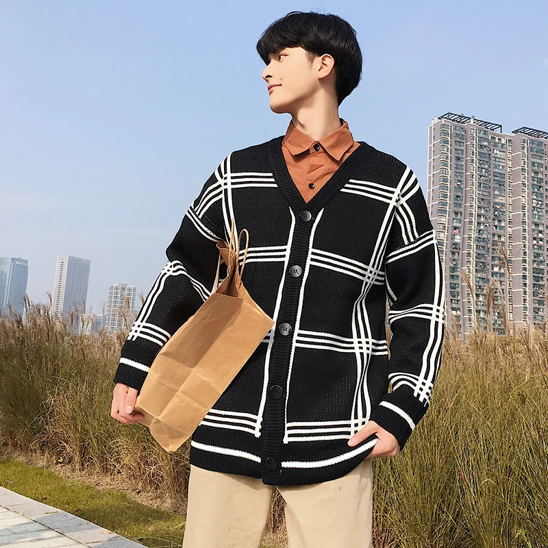 

Men's sweater 201 autumn and winter new fashion lattice wild cardigan sweater youth personality fashion trend men's clothing