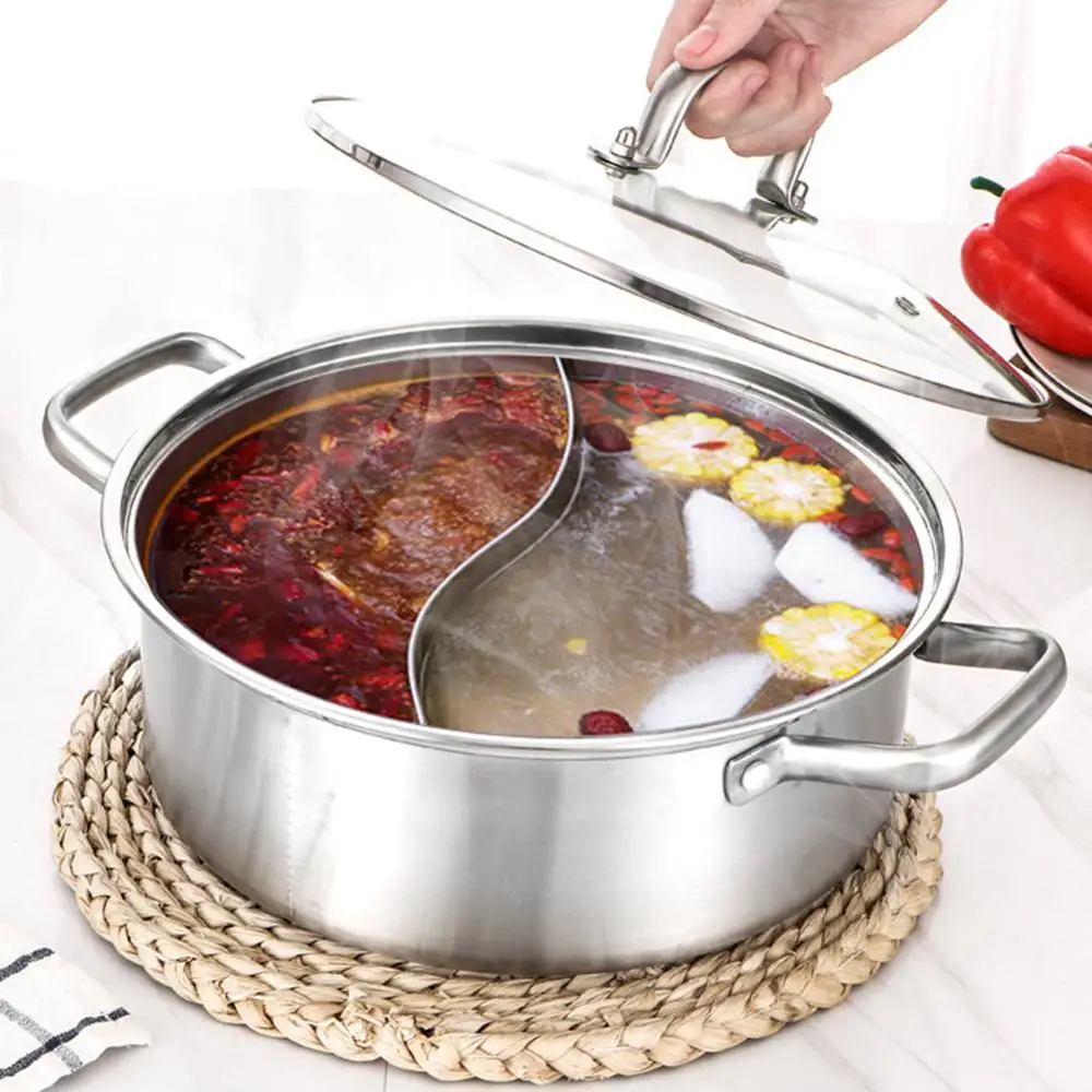 Stainless Steel Hot Pot Two Divided Mandarin Duck Pot With Glass Lid Kitchen Cooking Tool For Induction Cooktop Gas Stove
Stainless Steel Hot Pot Two Divided Mandarin Duck Pot With Glass Lid Kitchen Cooking Tool For Induction Cooktop Gas Stove