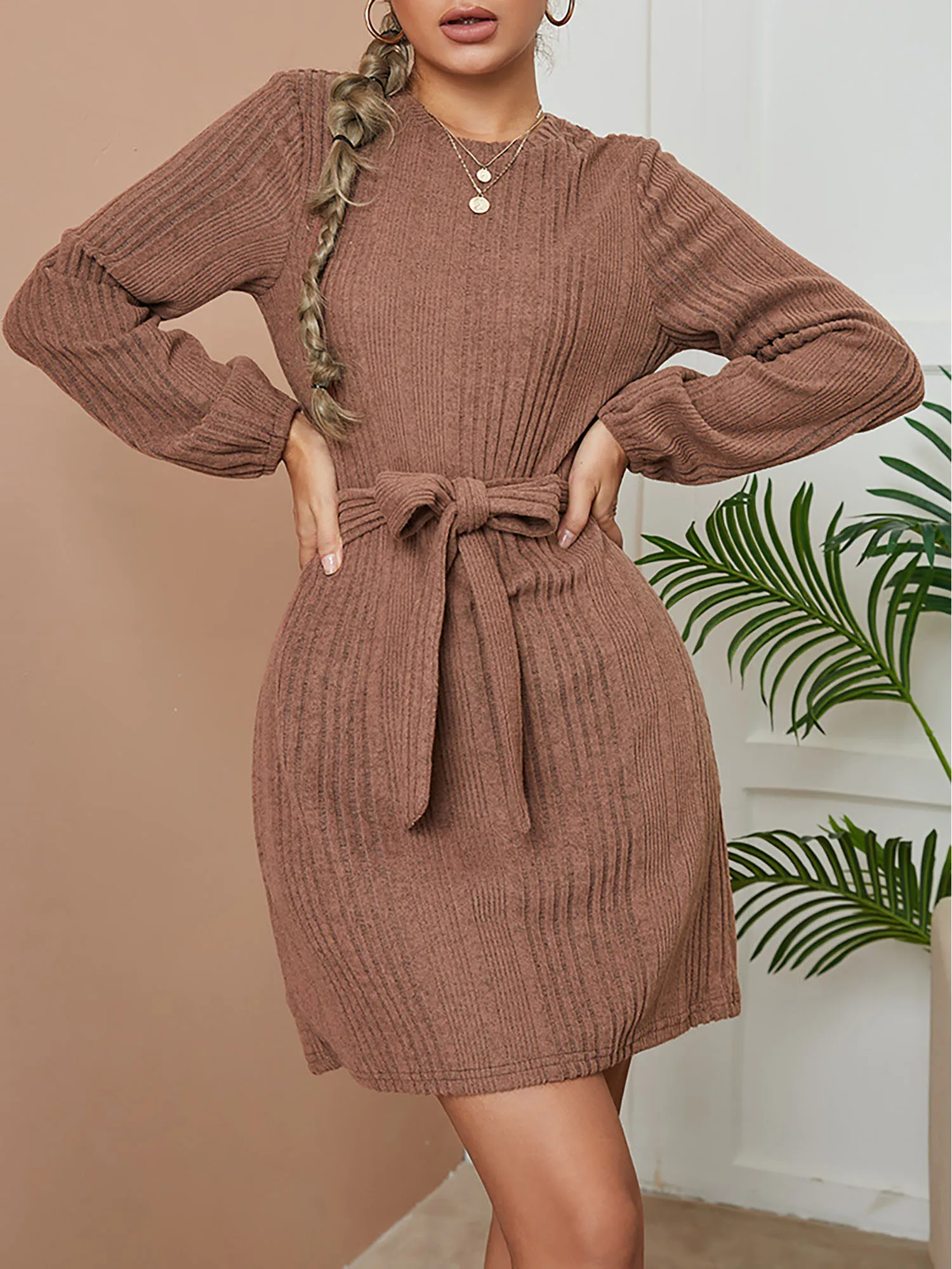 Round Neck Solid Long Sleeve Belt Short Spring/Autumn Dress Lace Up Knit Jumper Dress Casual Women Mini Dress
Round Neck Solid Long Sleeve Belt Short Spring/Autumn Dress Lace Up Knit Jumper Dress Casual Women Mini Dress