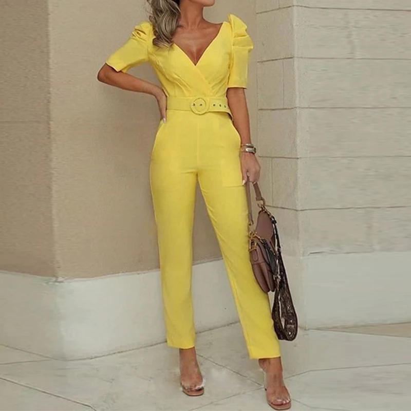 Puff Short Sleeve Straight Women Jumpsuit Belt Sexy Deep V-neck Solid Elegant Female Jumpsuits 2021 Summer Fashion Lady Rompers
Puff Short Sleeve Straight Women Jumpsuit Belt Sexy Deep V-neck Solid Elegant Female Jumpsuits 2021 Summer Fashion Lady Rompers