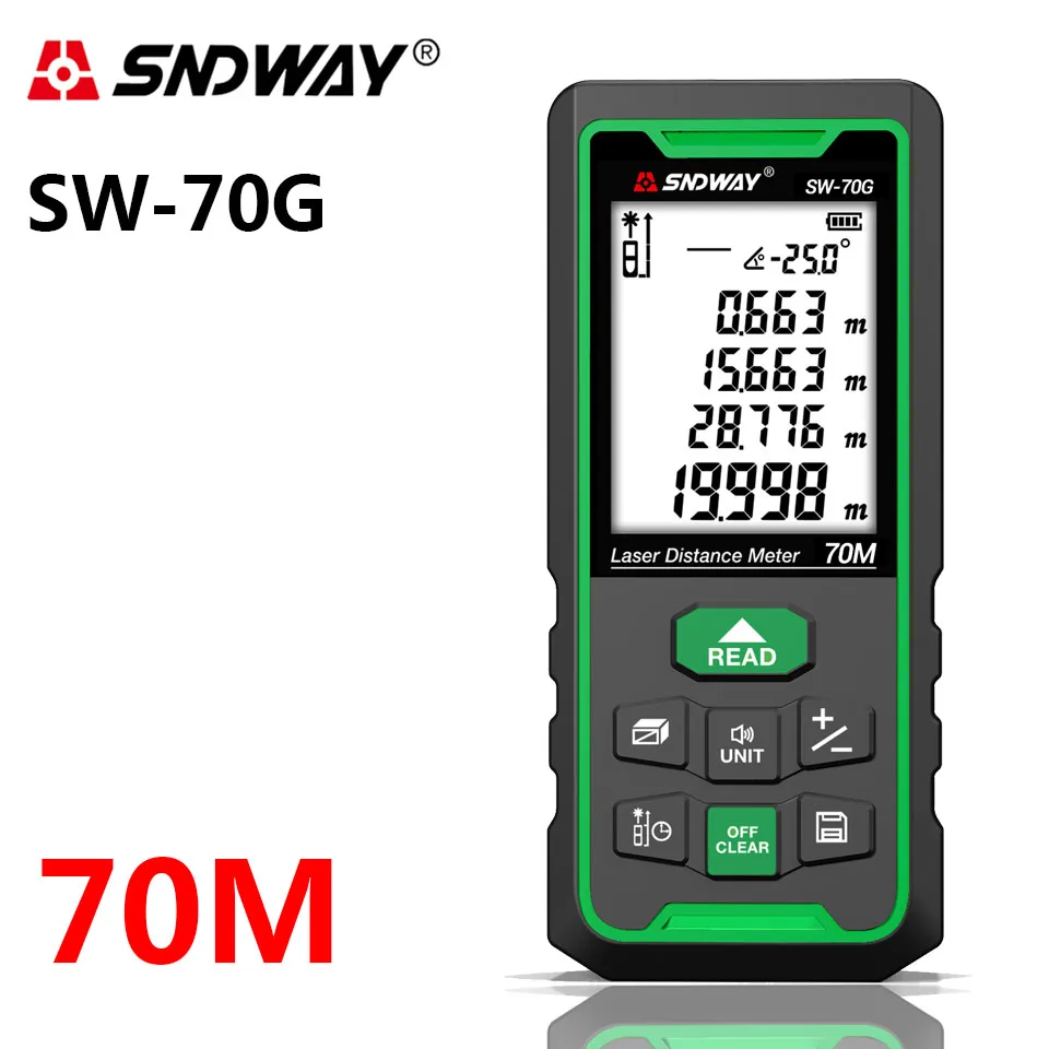 SNDWAY Green Laser 70m Distance Meter Digital Rangefinder 100m 50m Range Finder Tape Measure Electronic Level Ruler Sensor Tool
SNDWAY Green Laser 70m Distance Meter Digital Rangefinder 100m 50m Range Finder Tape Measure Electronic Level Ruler Sensor Tool