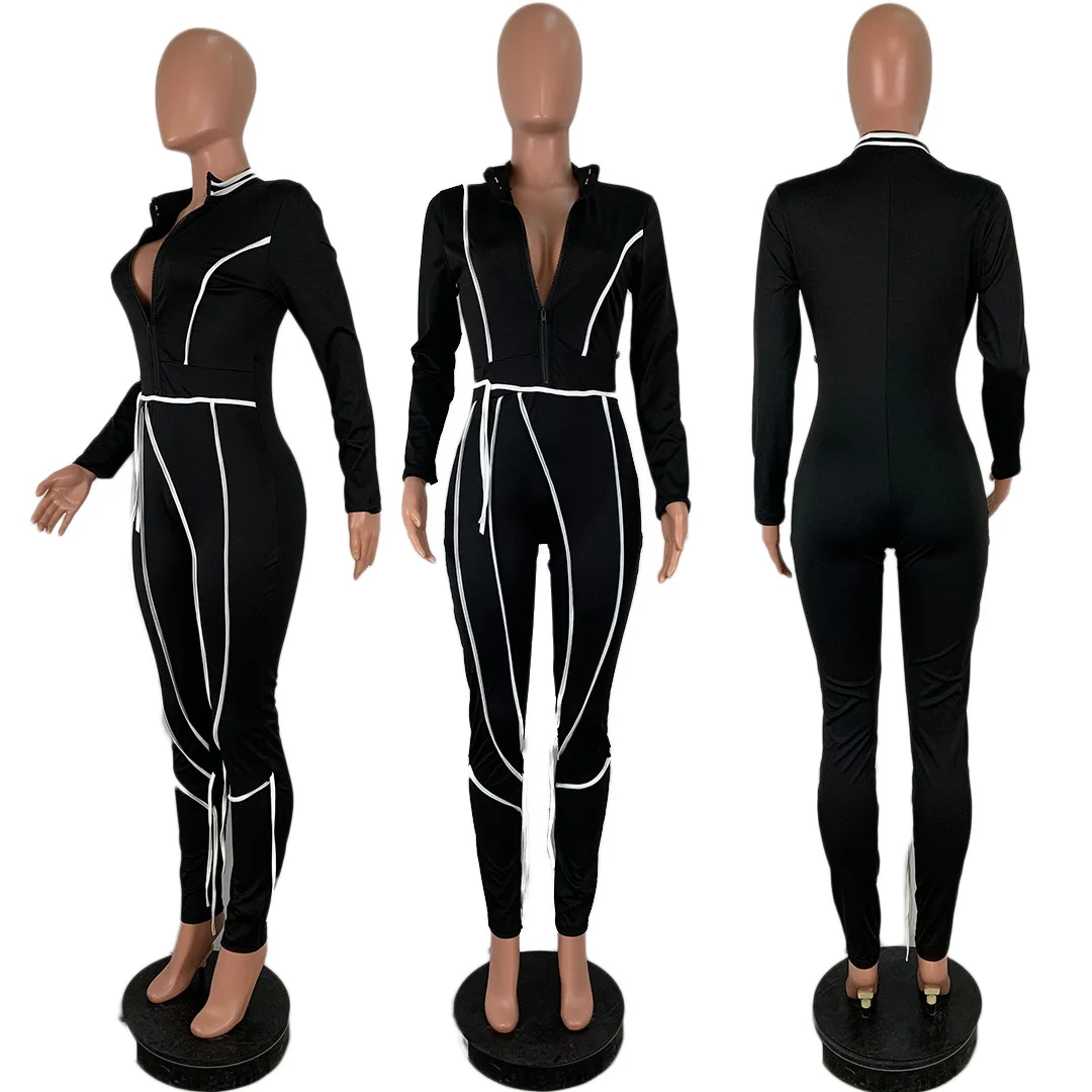 European and American women's fall 2021 explosions stitching solid color slim jumpsuit 
European and American women's fall 2021 explosions stitching solid color slim jumpsuit