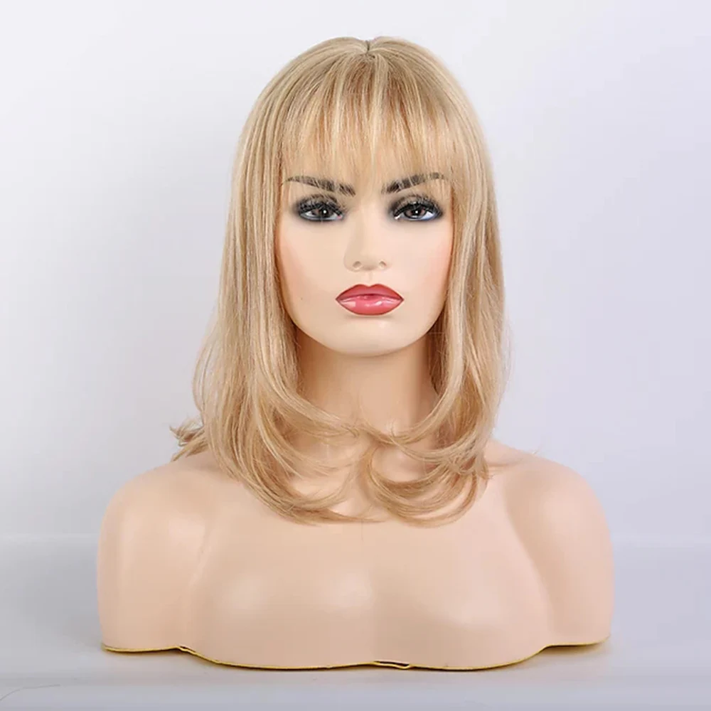 

Remy Human Hair Blend Wig Long Curly Body Wave Layered Haircut Neat Bang With Bangs Blonde Women Natural costume wigs