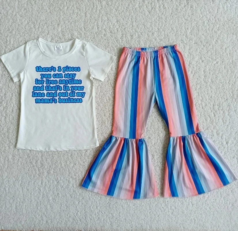 Wholesale Toddler Baby Girls Kids summer clothes Outfits children Letter White T-shirt Colorful Striped Bells Bottom Pants Sets
Wholesale Toddler Baby Girls Kids summer clothes Outfits children Letter White T-shirt Colorful Striped Bells Bottom Pants Sets