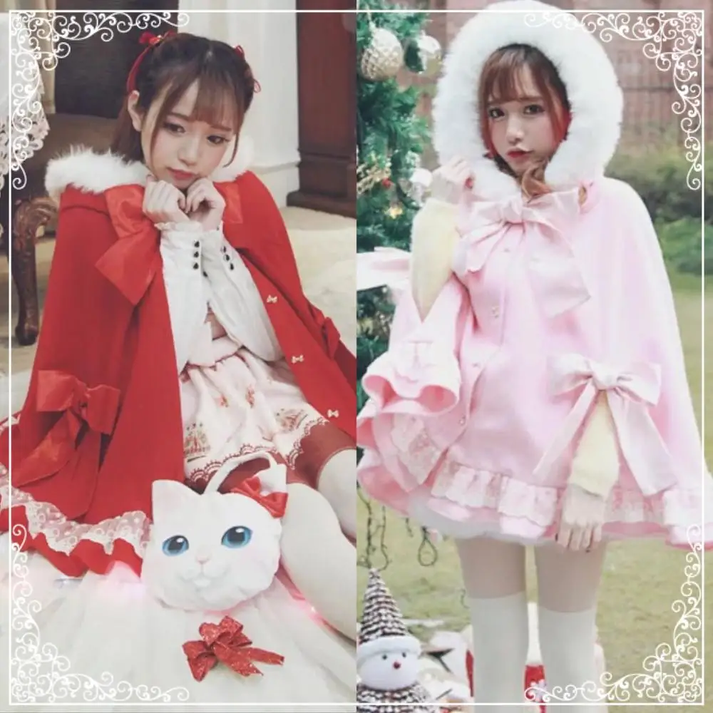 

Autumn winter sweet lolita cloak bowknot lacing hooded thicken loose victorian coat kawaii girl coat loli cos