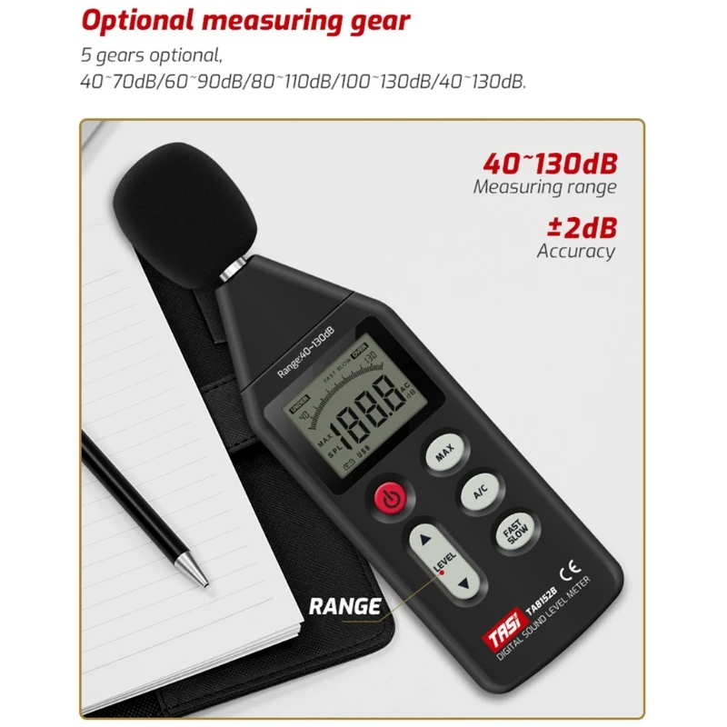 TA8152B Digital Sound Level Meter Noise Meter USB Data Connection LCD Display 40-130dB Tester Volume Decibel Measuring
TA8152B Digital Sound Level Meter Noise Meter USB Data Connection LCD Display 40-130dB Tester Volume Decibel Measuring