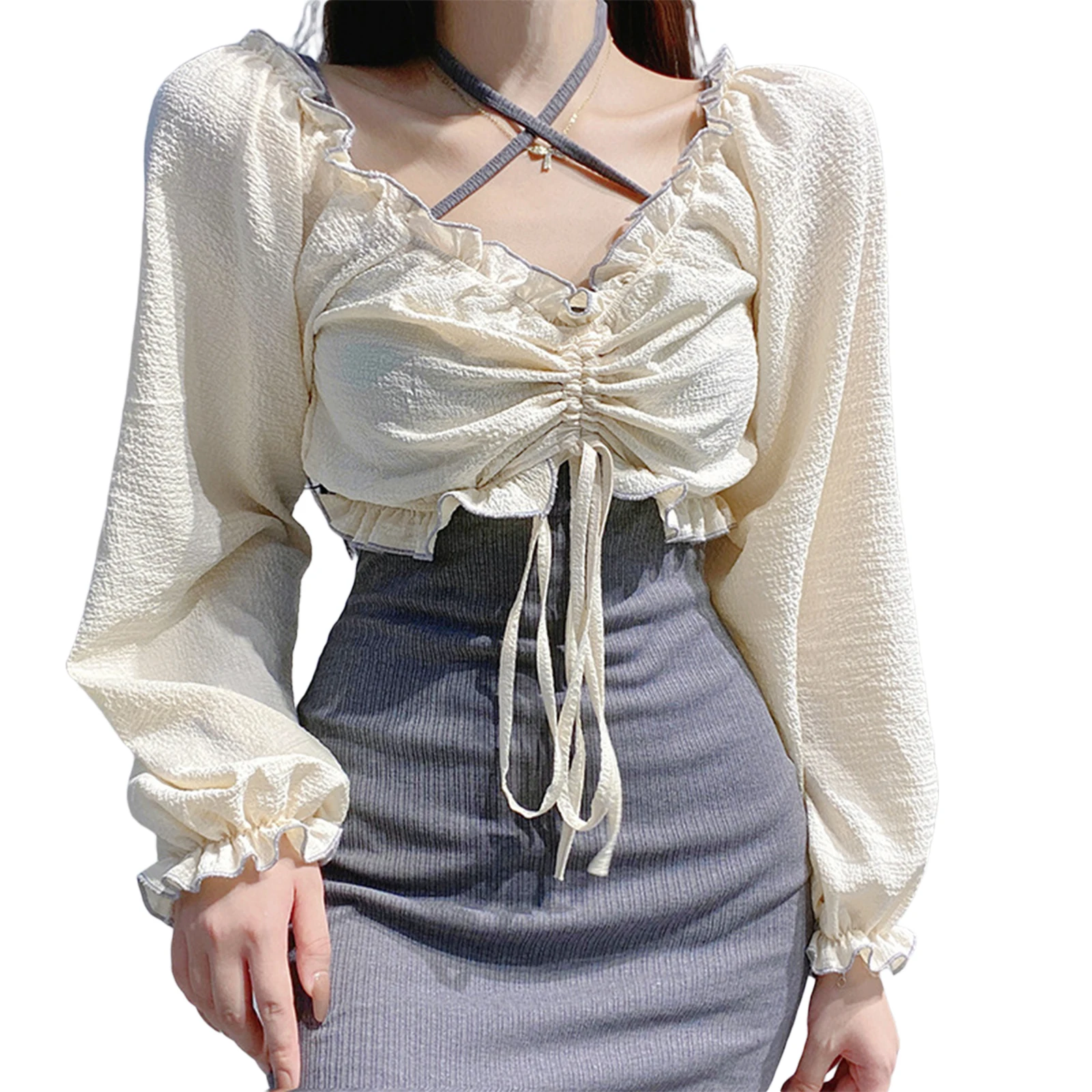 Women’s Casual Long Sleeve T-shirt Fashion Solid Color Ruffles Drawstring Exposed Navel Tops
Women’s Casual Long Sleeve T-shirt Fashion Solid Color Ruffles Drawstring Exposed Navel Tops