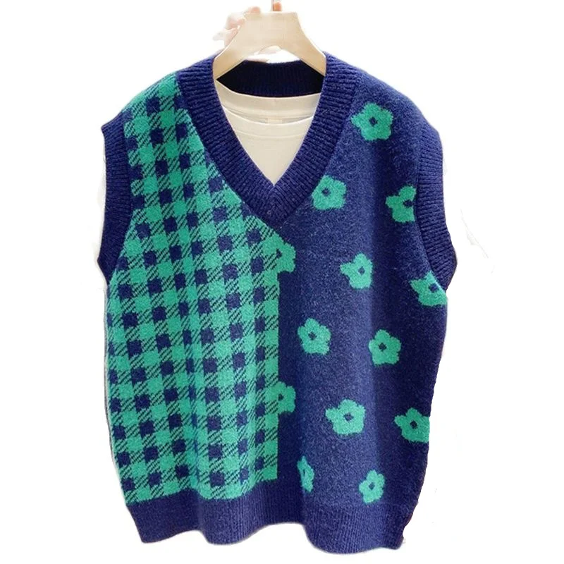 Japanese-style Lattice Color Matching Vest Sweater Knitwear Spring Autumn Loose V-Neck Sweater Waistcoat Pullover TT0247
Japanese-style Lattice Color Matching Vest Sweater Knitwear Spring Autumn Loose V-Neck Sweater Waistcoat Pullover TT0247