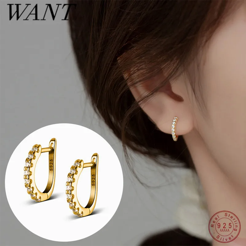 

WANTME 925 Sterling Silver Fashion Exquisite Zircon Huggies Hoop Earrings for Women Simple Charm Gold Plated Piercing Jewelry