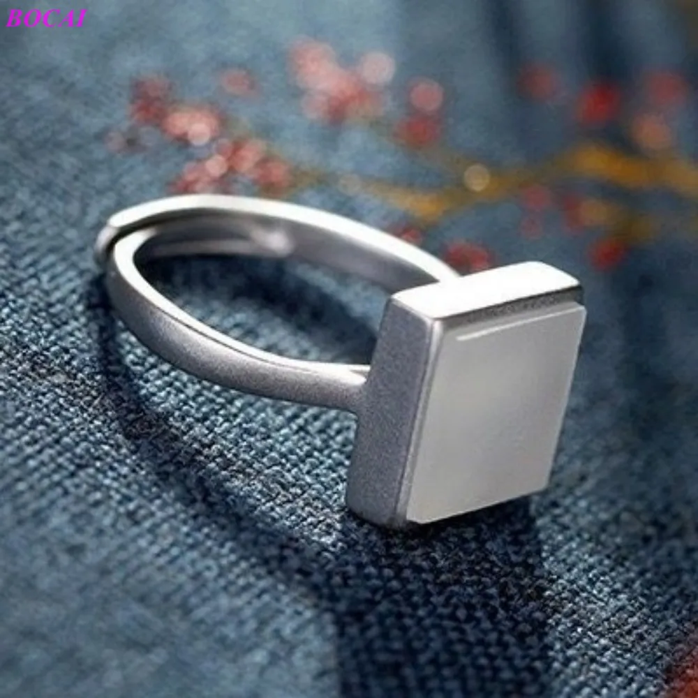 

BOCAI S925 pure silver rings inlaid Hetian jade rectangular frosted high-grade women's opening personality Thai silver ring
